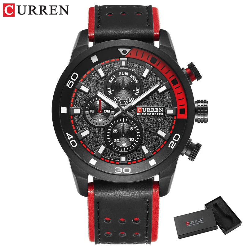 8250 Men'S Waterproof Casual Three-Hand Watch Business Leather Breathable Strap Wristwatch
