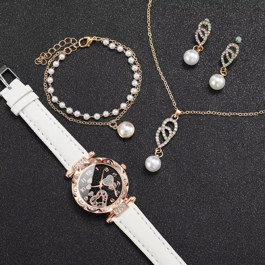 4Pcs/Set Women'S Shiny Rhinestone Quartz Watch Analog PU Leather Wrist Watch Faux Pearl Jewelry Set Girls Gift（Without Box）