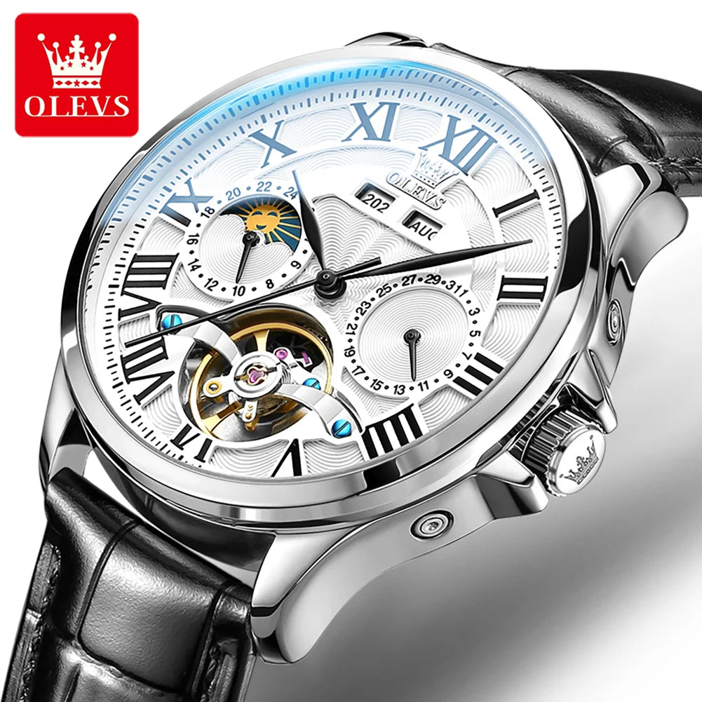 7013 Men'S Watch Fashion Moon Phase Mechanical Watch for Men Waterproof Roman Scale Hollow Flywheel Automatic Hand Clock