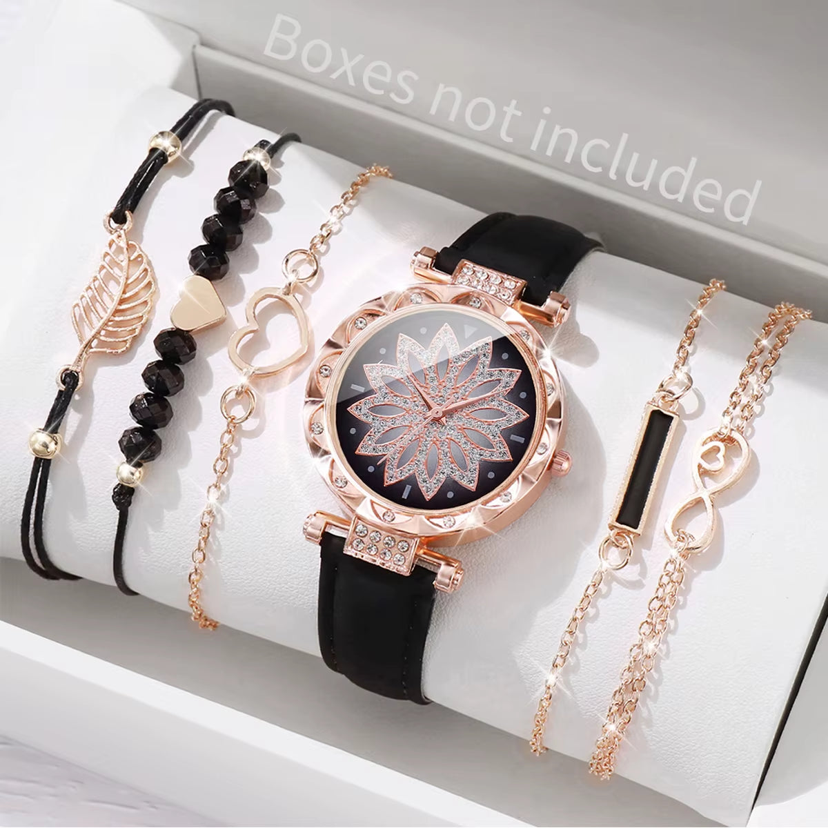 6Pcs/Set Fashion Heart Dial Women'S Watch Casual Leather Band Analog Quartz Watch Leaf Bracelets Set（Without Box）