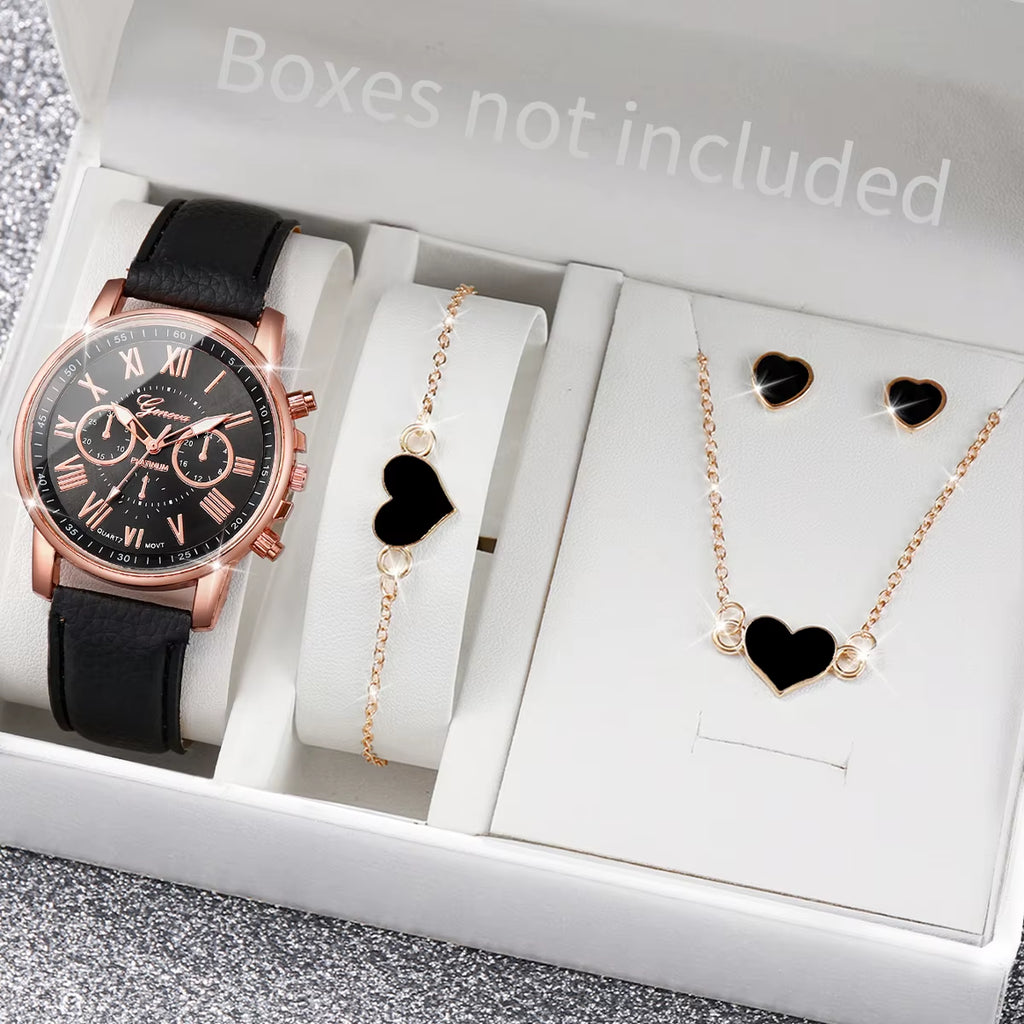 5/6PCS Fashion Women'S Quartz Watch Leather Band Analog Wrist Watches Heart Rhinestone Jewelry Set(Without Box)