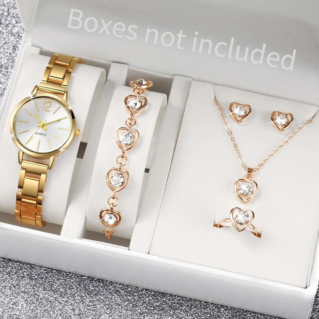 6Pcs/Set Fashion Women'S Quartz Watch Stainless Steel Band Wrist Watches Diamond Jewelry Set(Without Box)