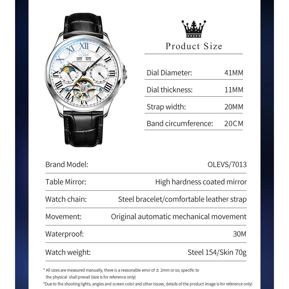 7013 Men'S Watch Fashion Moon Phase Mechanical Watch for Men Waterproof Roman Scale Hollow Flywheel Automatic Hand Clock