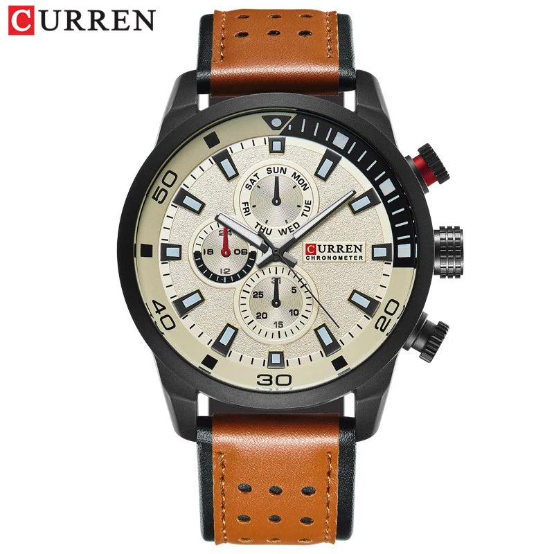 8250 Men'S Waterproof Casual Three-Hand Watch Business Leather Breathable Strap Wristwatch