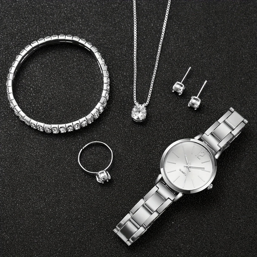 6Pcs/Set Fashion Women'S Quartz Watch Stainless Steel Band Wrist Watches Diamond Jewelry Set(Without Box)