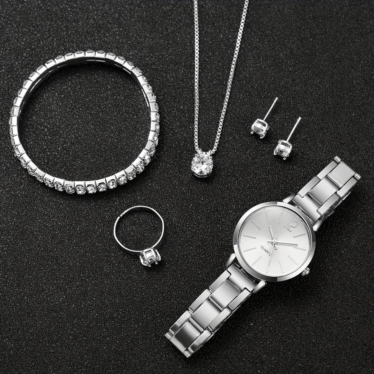6Pcs/Set Fashion Women'S Quartz Watch Stainless Steel Band Wrist Watches Diamond Jewelry Set(Without Box)